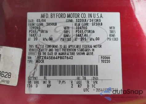 2004 Ford Ranger Edge/Tremor/Xlt из США, поврежденный, VIN 1FTZR45E64PB07642